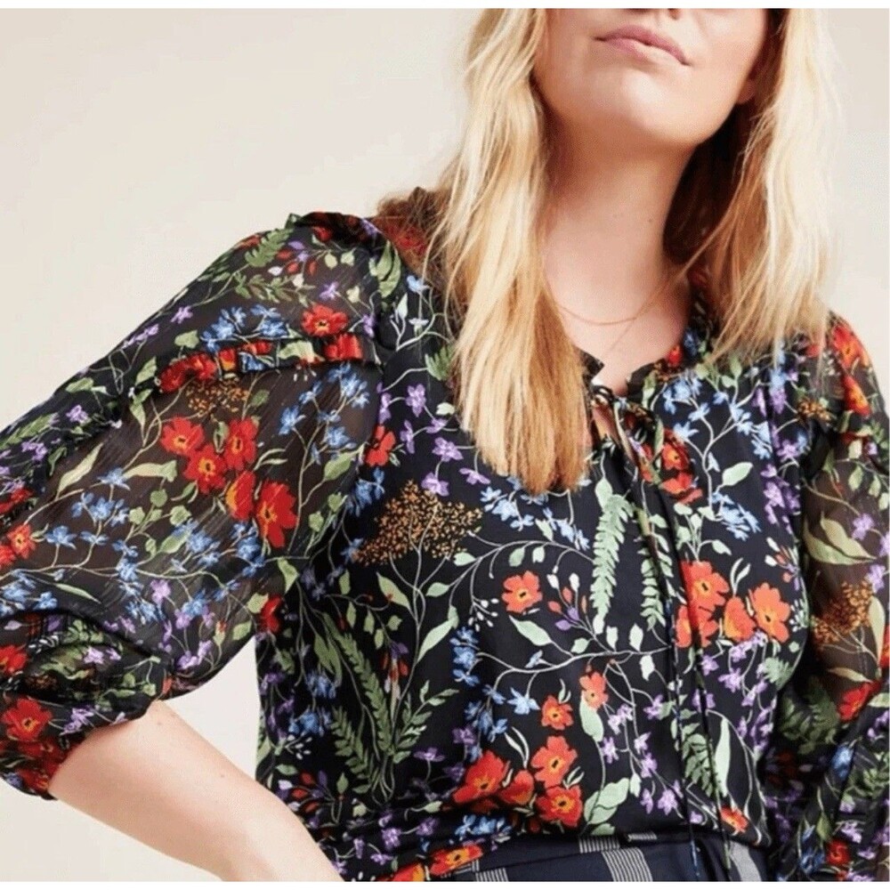 Anthropologie Maeve Top XS Jacquin Peasant Blouse Floral Ruffle Sheer Sleeve